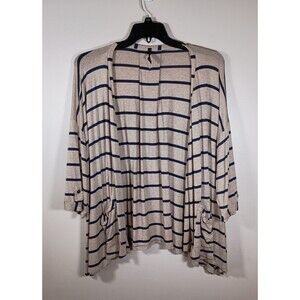 IC by Connie K Striped Tan Navy Pockets Drape Open Cardigan Lagenlook Size XL